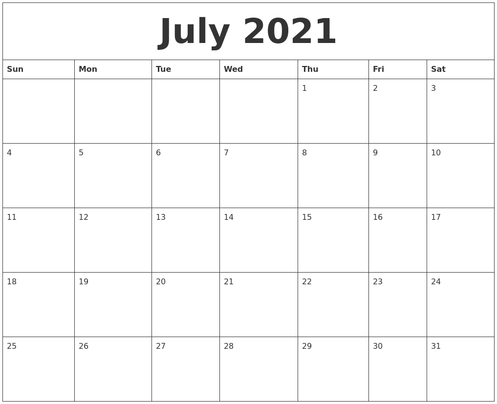 July 2021 Calendar Free Printable