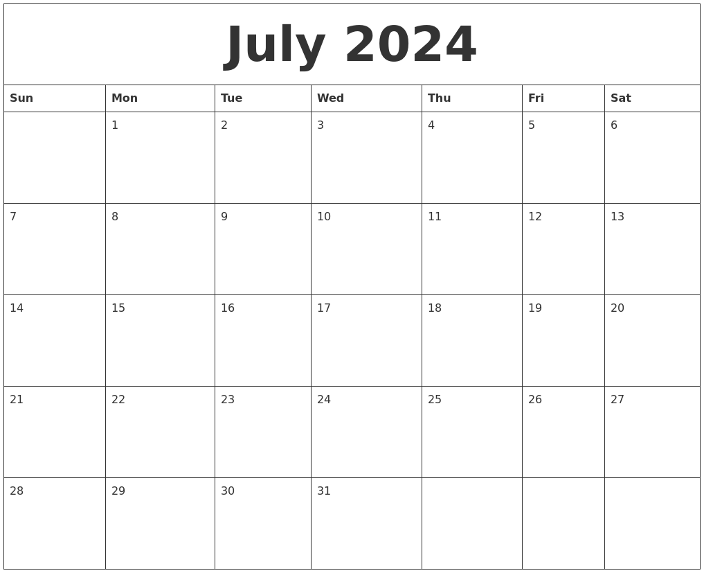 July 2024 Calendar Free Printable