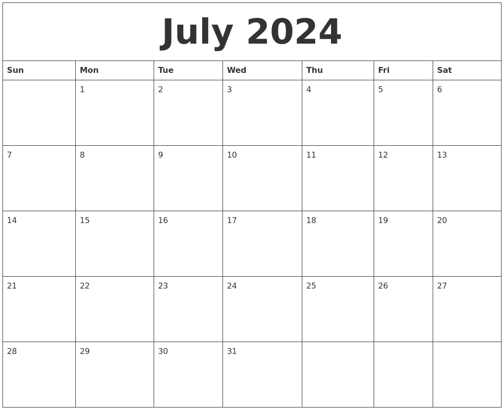 July 2024 Free Monthly Printable Calendar