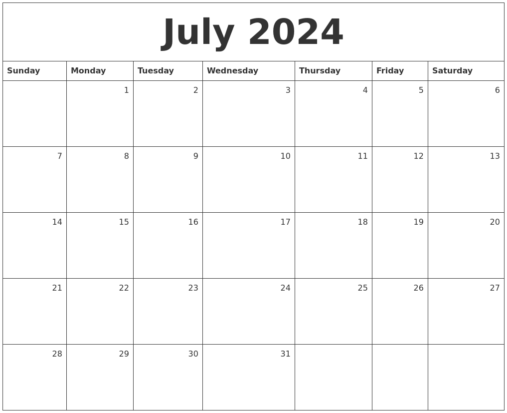 July 2024 Monthly Calendar