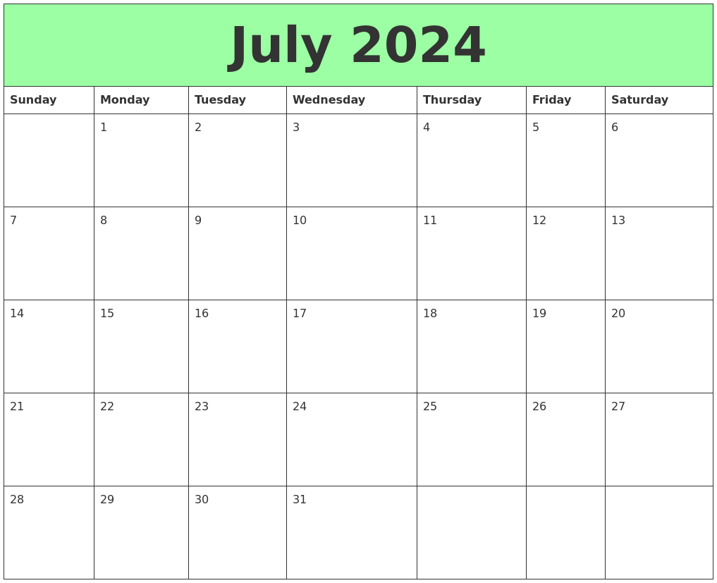 Blank Calendar Printable July 2024 Calendar 2024 Ireland Printable
