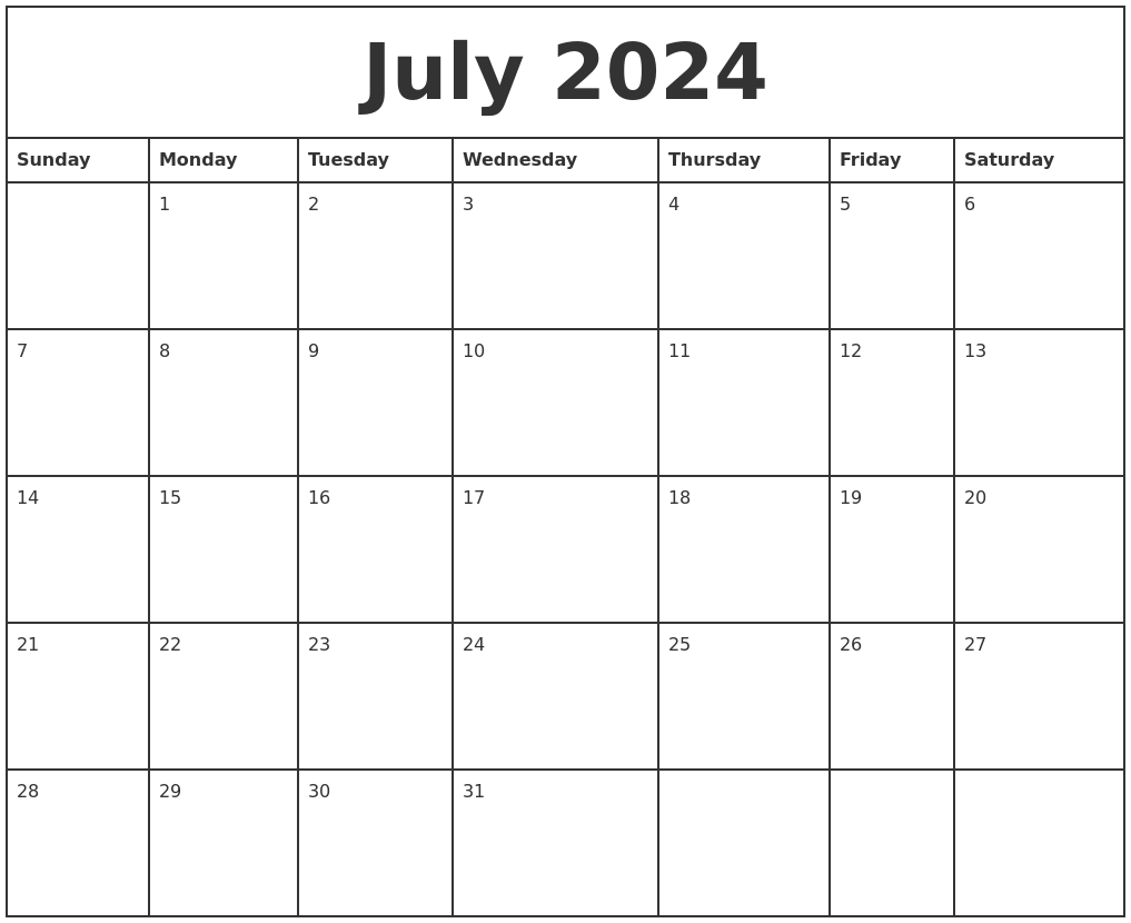 Free Printable Calendar 2024 Monthly July