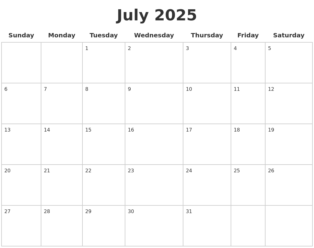 July 2025 Blank Calendar Pages