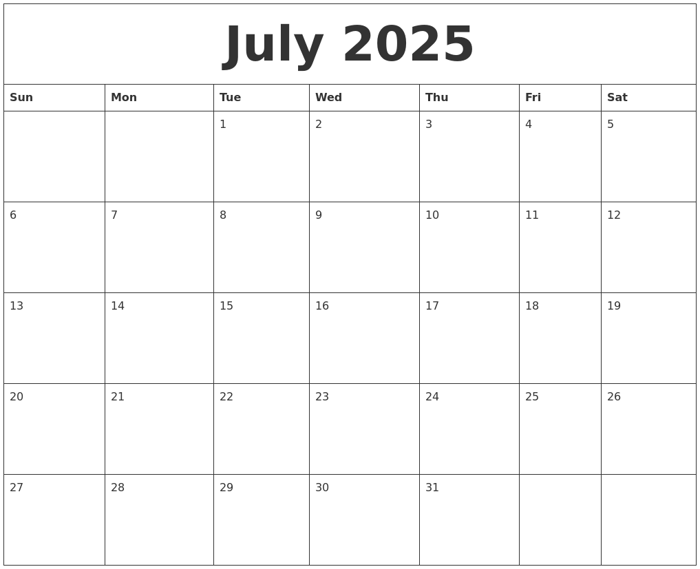 July 2025 Blank Monthly Calendar Pdf