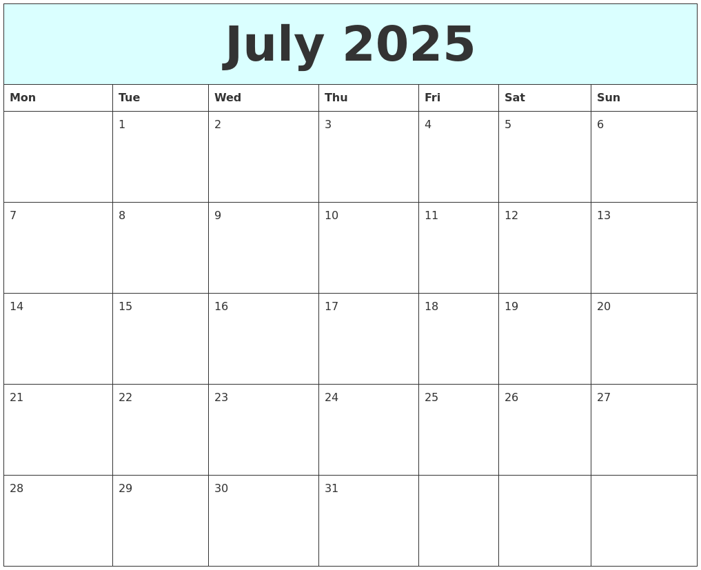 July 2025 Free Calendar