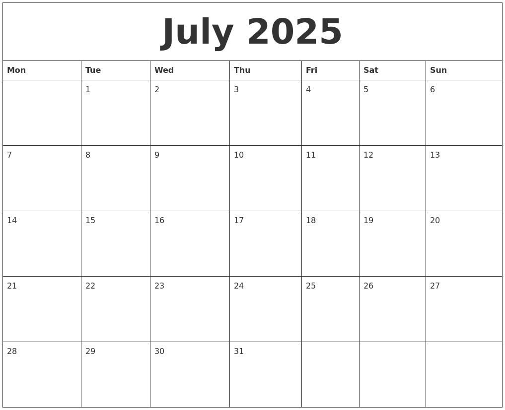July 2025 Free Calendar Printables