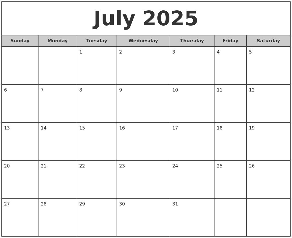 July 2025 Free Monthly Calendar