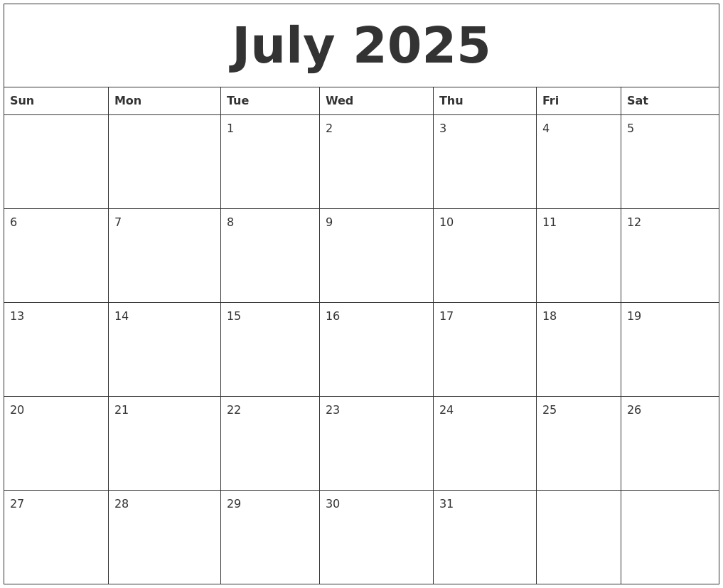 July 2025 Free Monthly Calendar Template