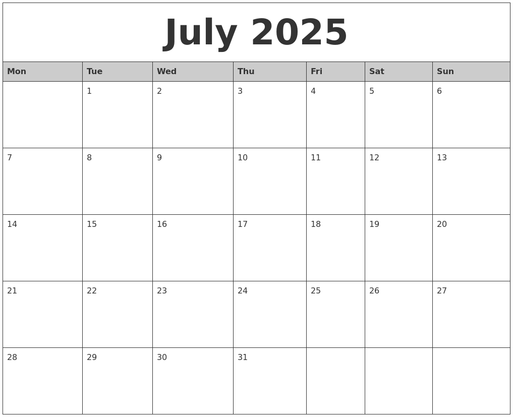 July 2025 Monthly Calendar Printable