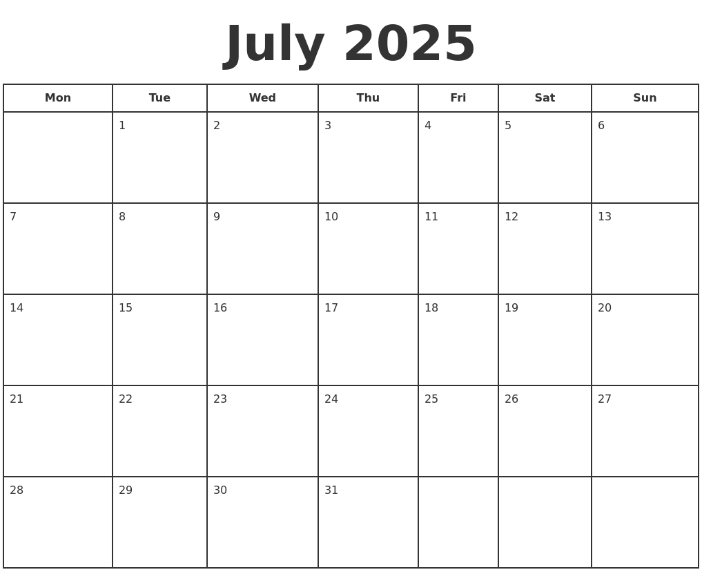 July 2025 Print A Calendar