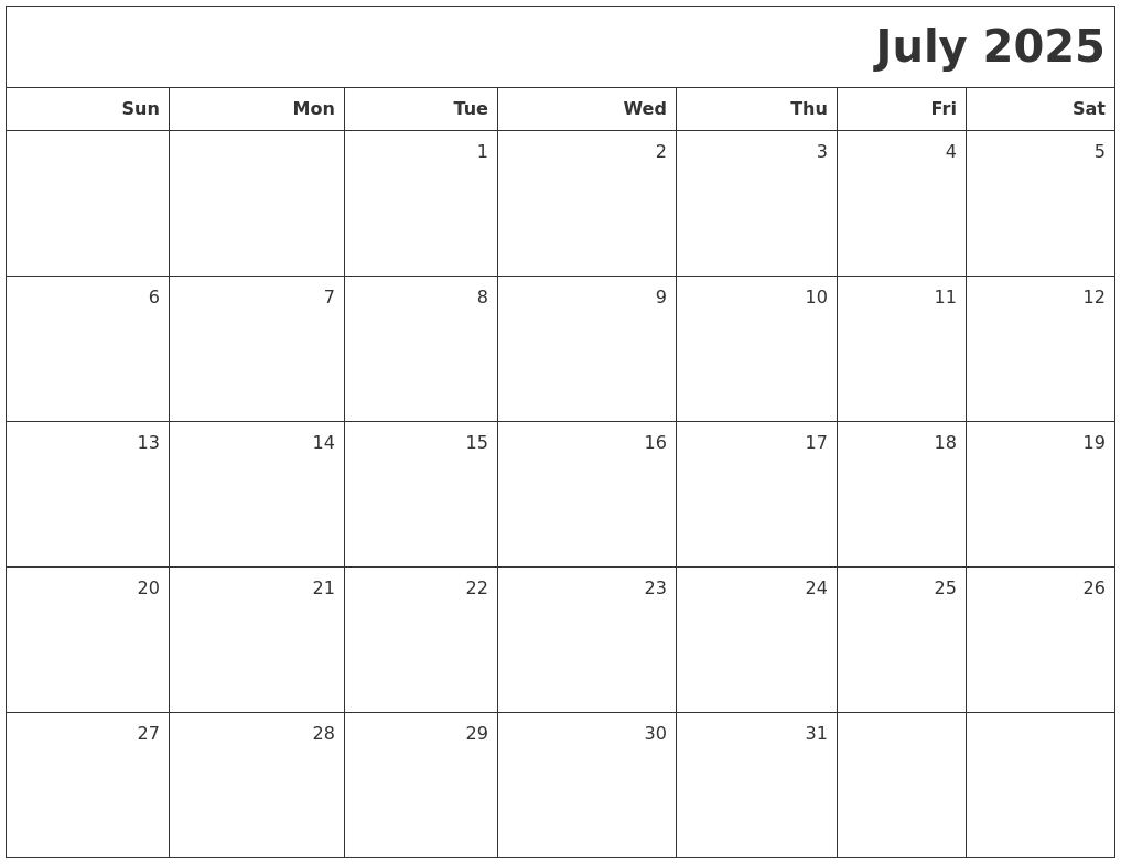 July 2025 Printable Blank Calendar