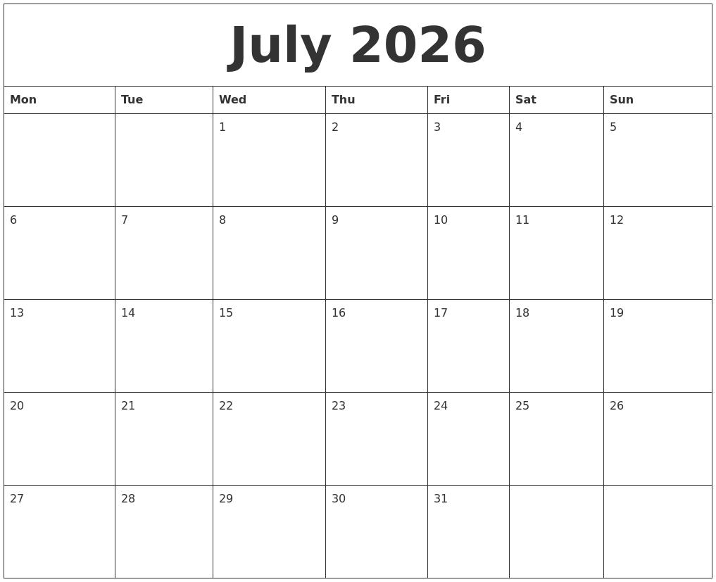 July 2026 Calendar For Printing