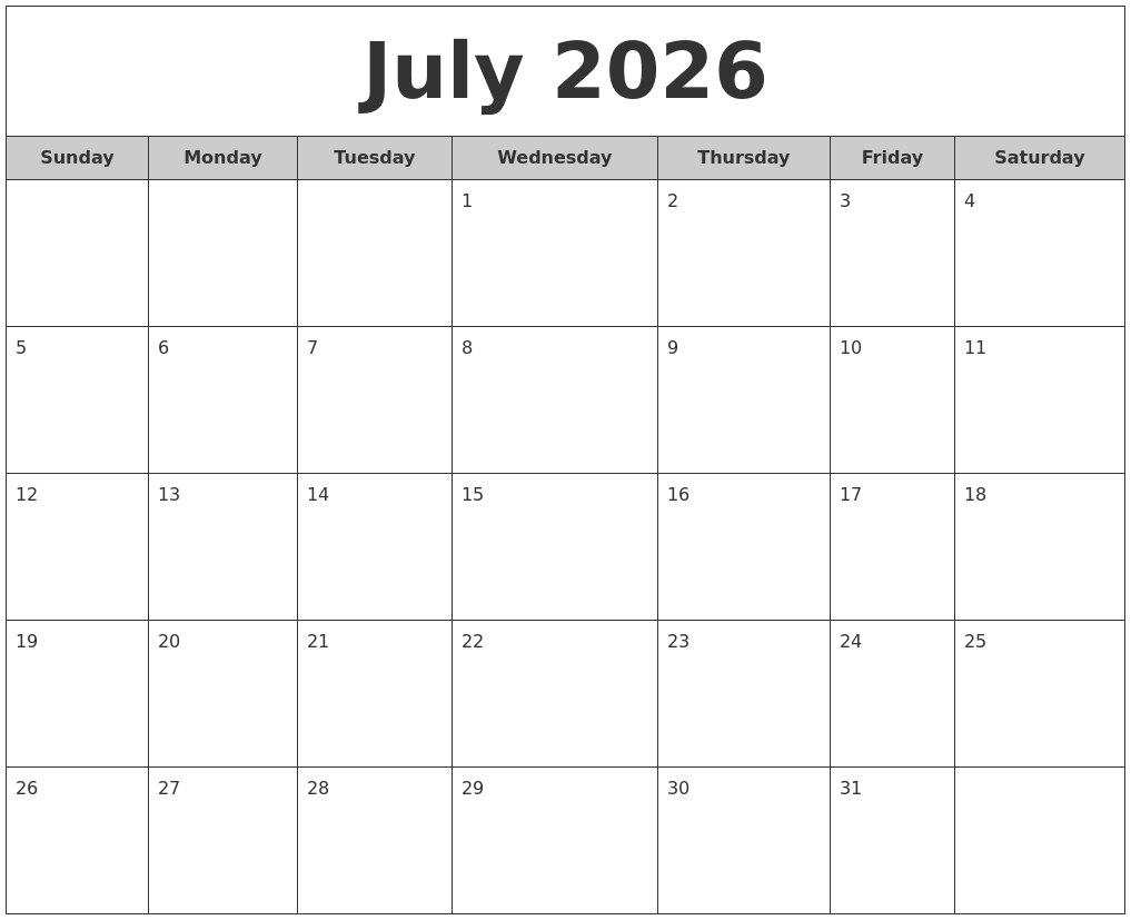 July 2026 Free Monthly Calendar
