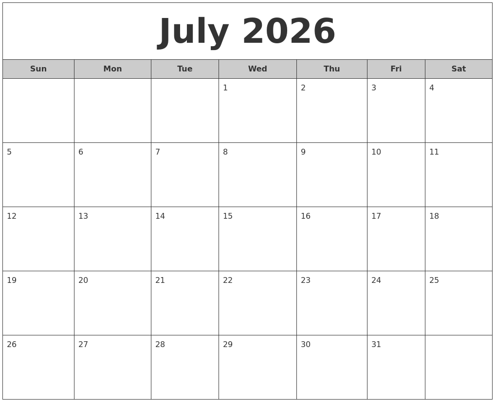 July 2026 Free Monthly Calendar