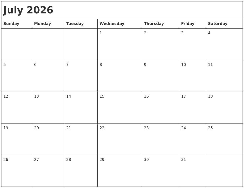 July 2026 Month Calendar
