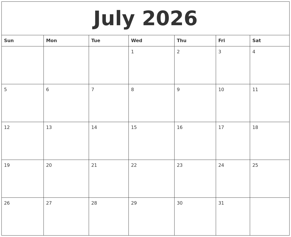 July 2026 Month Calendar Template