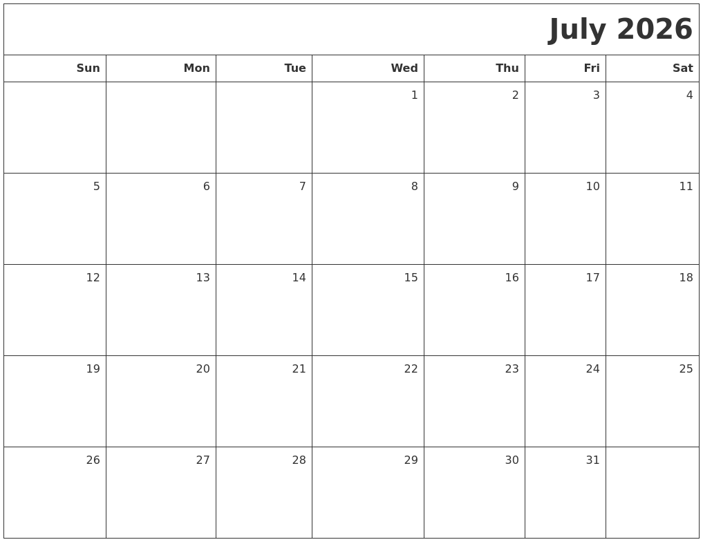 July 2026 Printable Blank Calendar