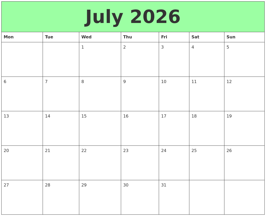 July 2026 Printable Calendars