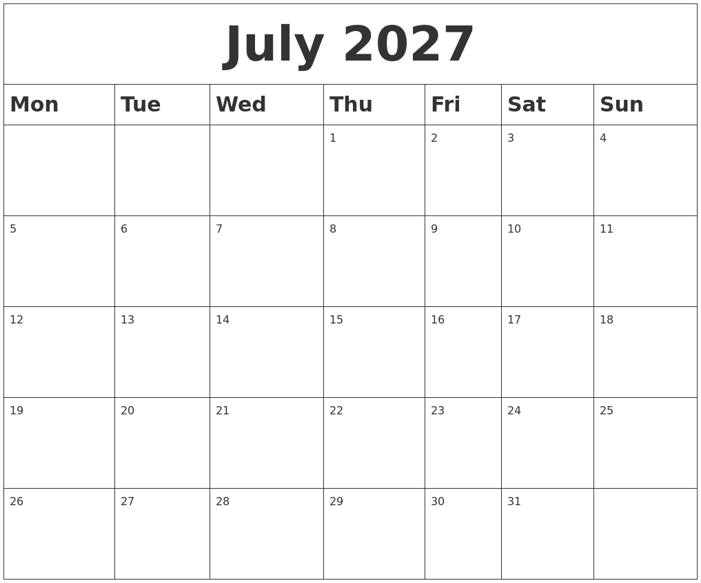 July 2027 Blank Calendar