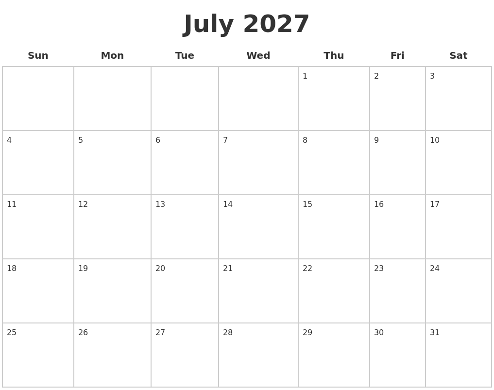 July 2027 Blank Calendar Pages