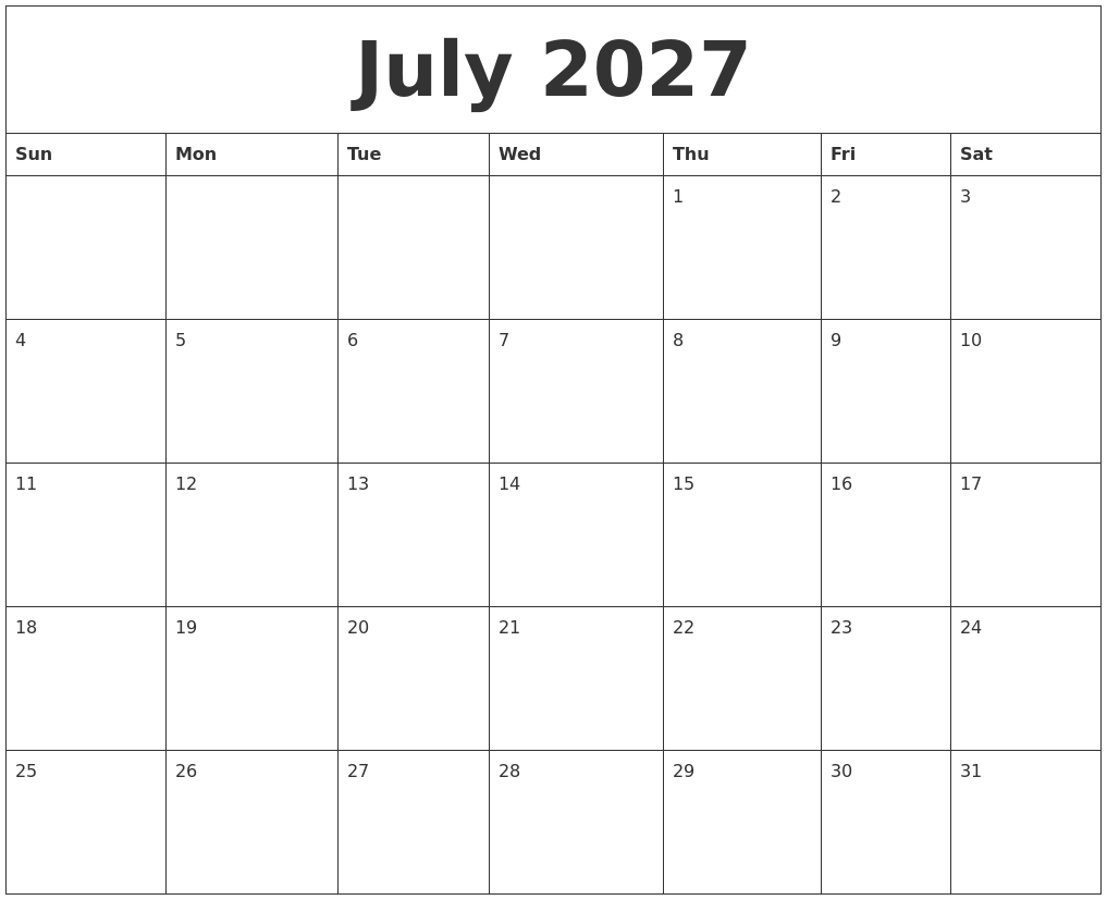 July 2027 Blank Monthly Calendar Template