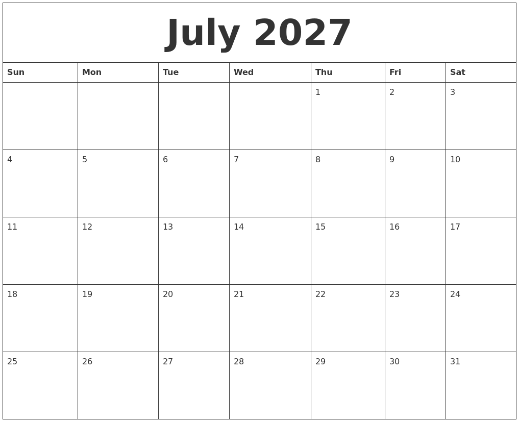 July 2027 Calendar Templates Free