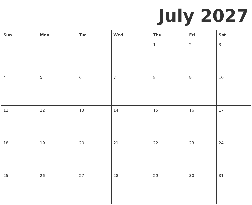 July 2027 Free Printable Calendar