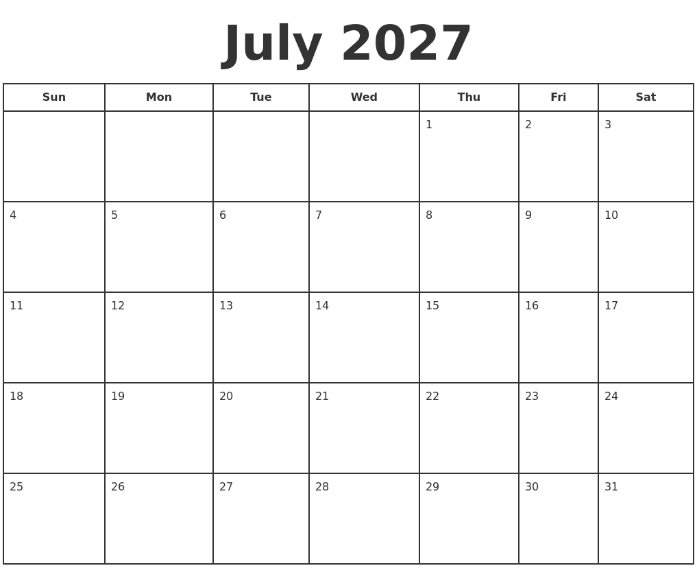 July 2027 Print A Calendar