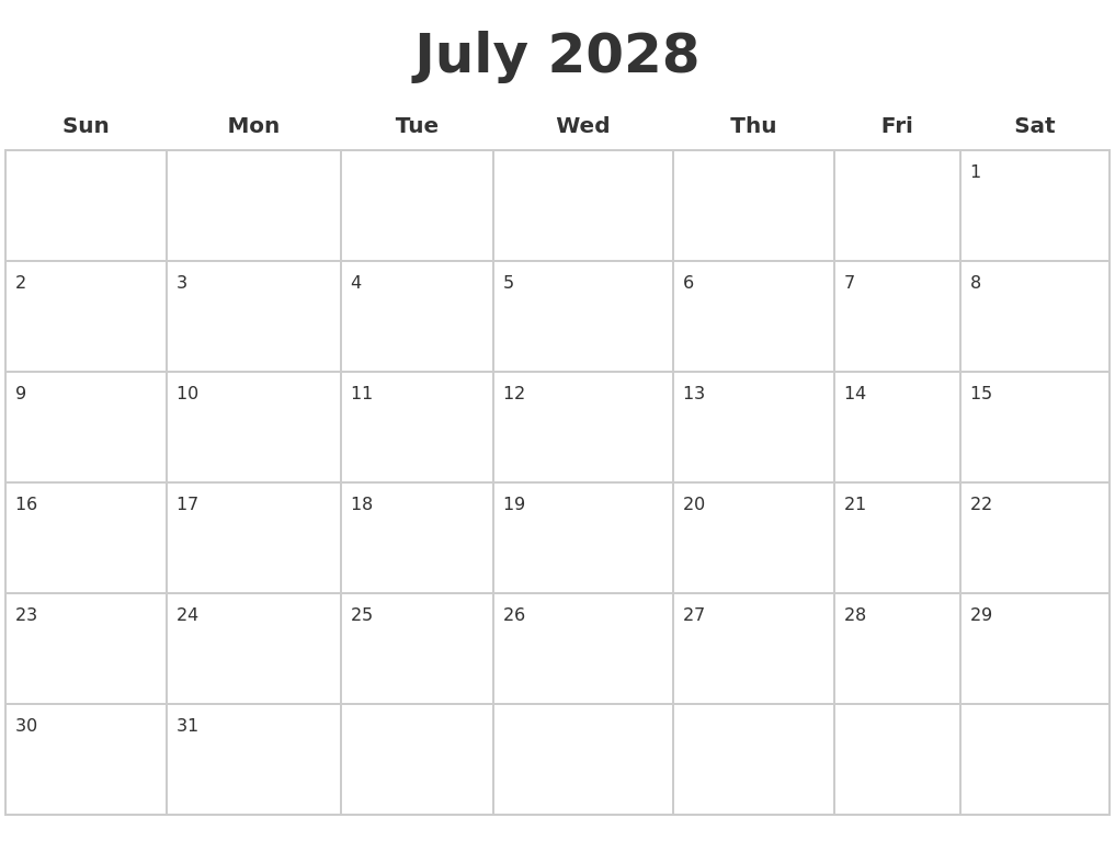 July 2028 Blank Calendar Pages