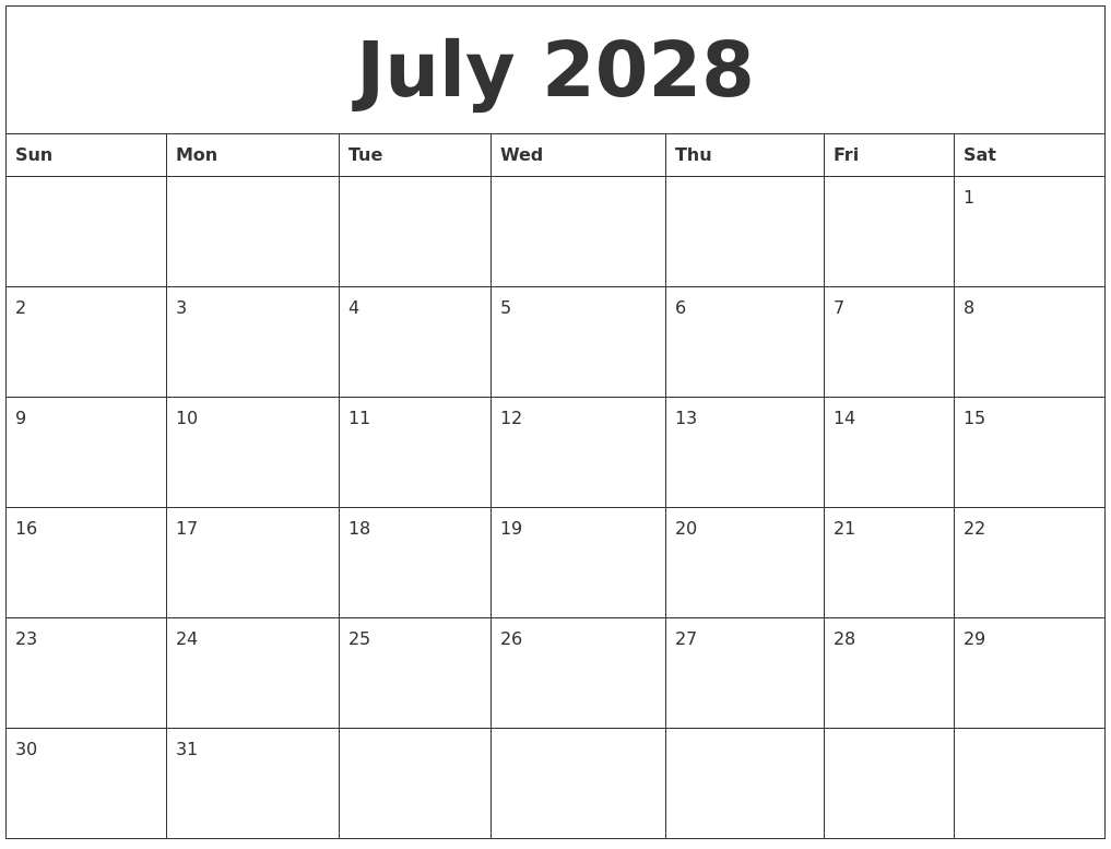 July 2028 Blank Calendar To Print