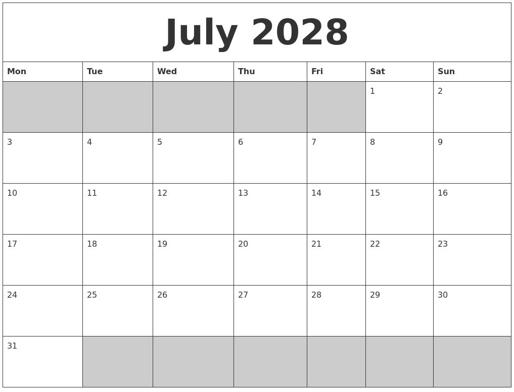 July 2028 Blank Printable Calendar