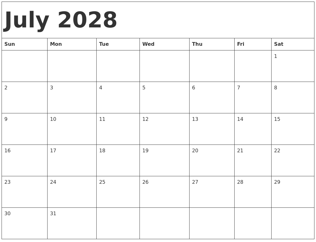 July 2028 Calendar Template