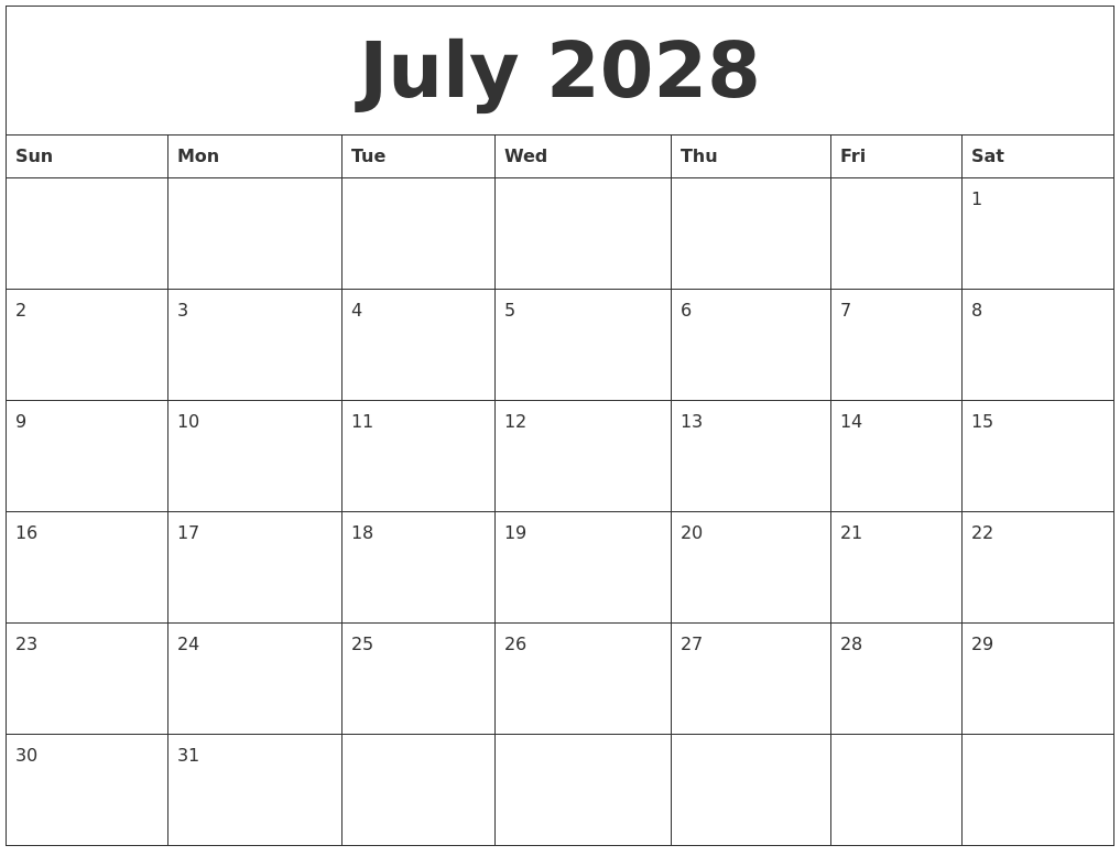 July 2028 Calender Print