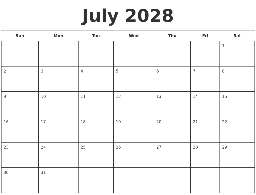 July 2028 Monthly Calendar Template