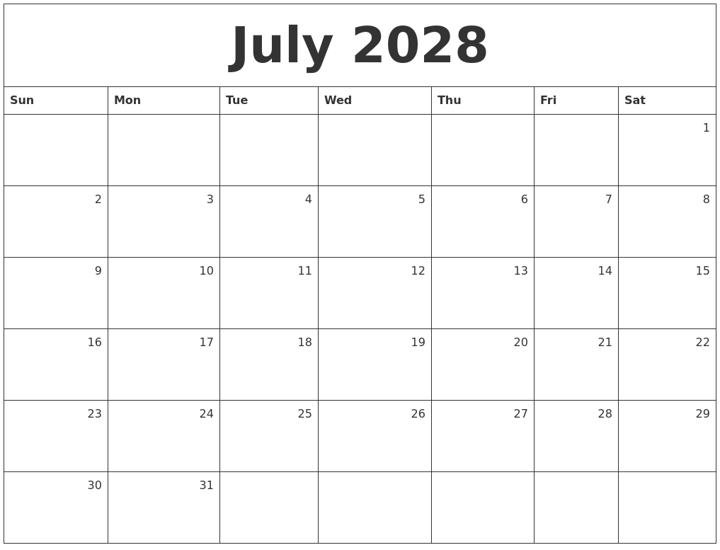 July 2028 Monthly Calendar