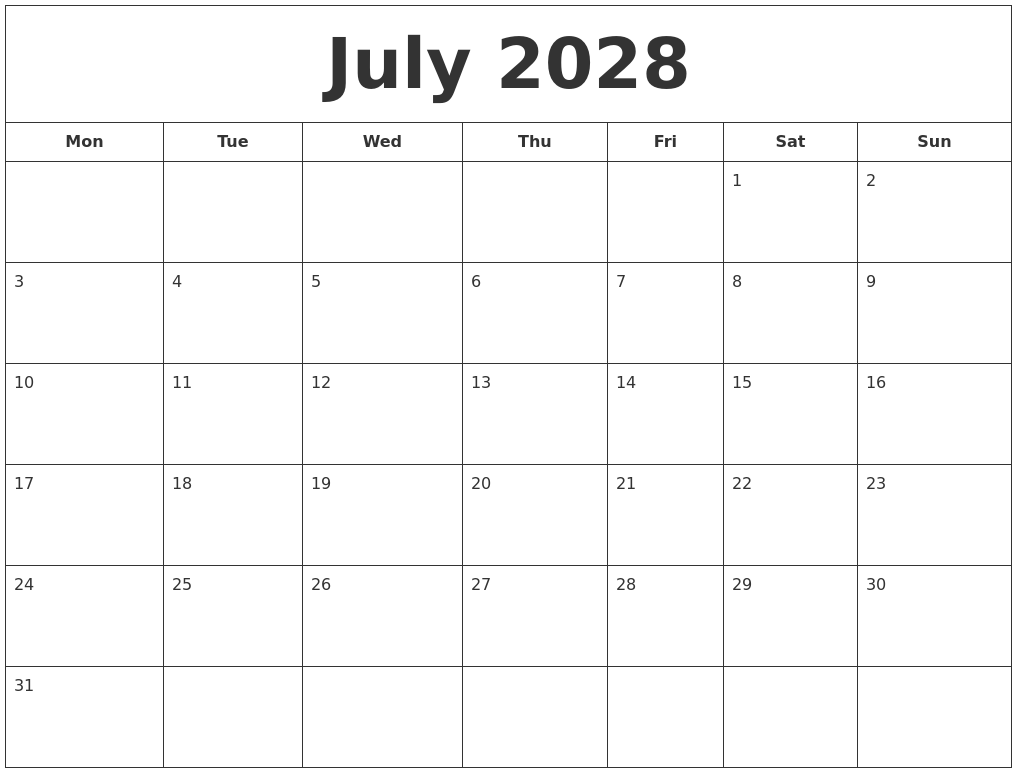 July 2028 Printable Calendar