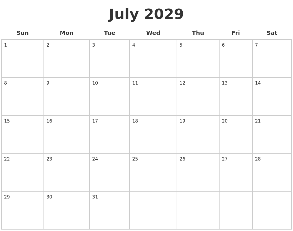 July 2029 Blank Calendar Pages