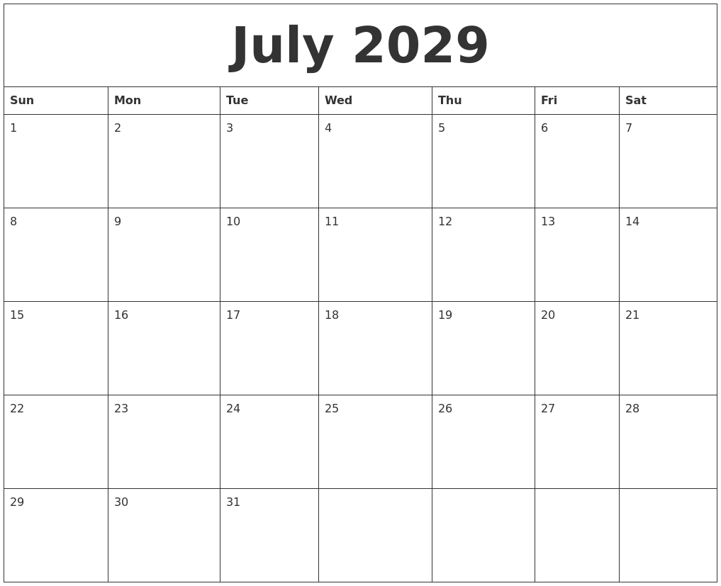 July 2029 Blank Monthly Calendar Template