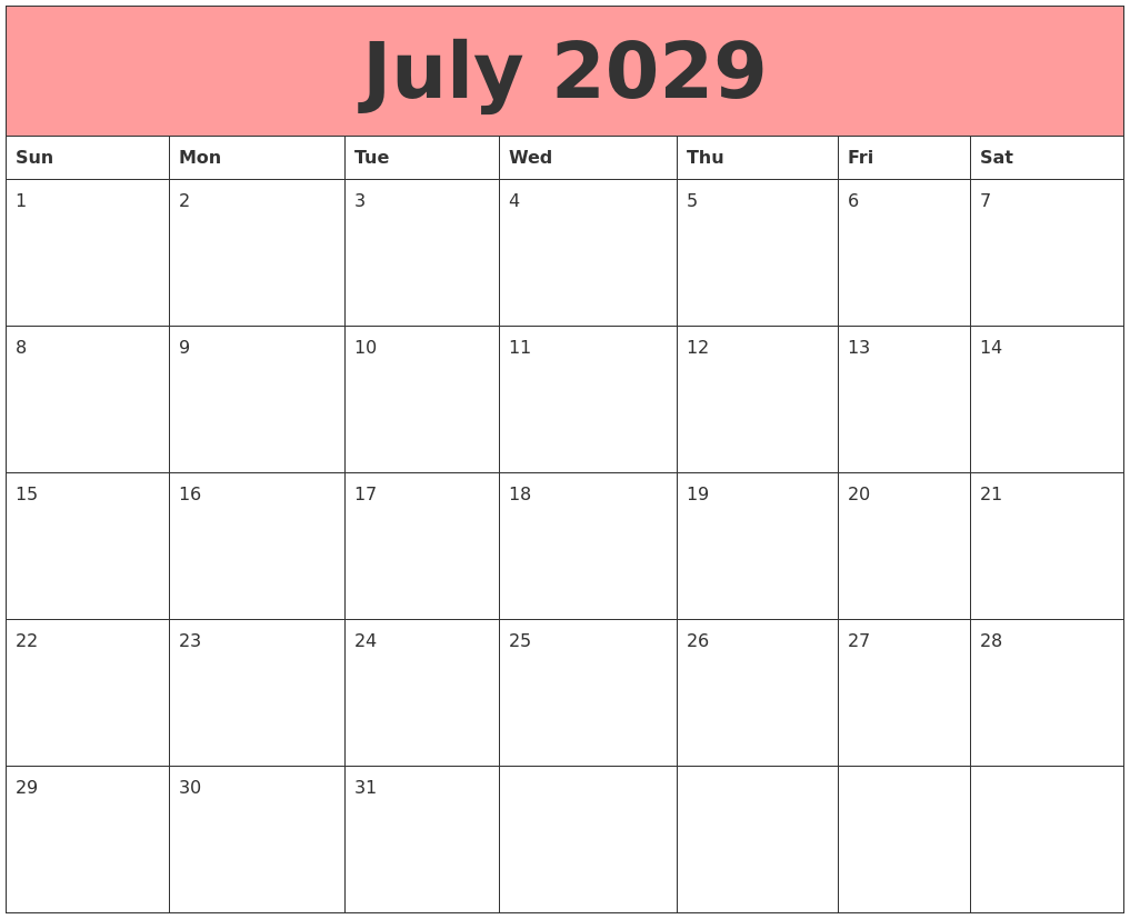 July 2029 Calendars That Work