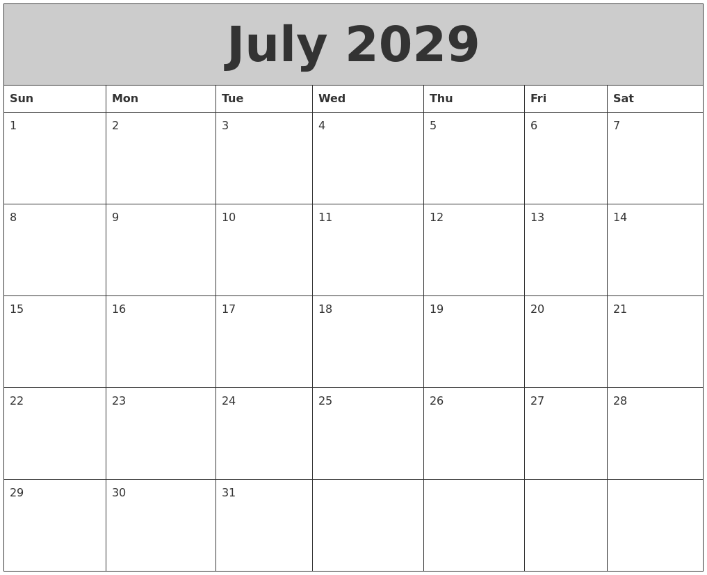July 2029 My Calendar