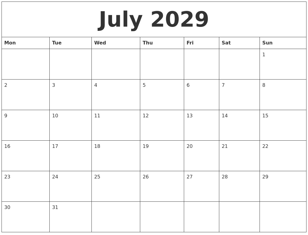 July 2029 Printable Blank Monthly Calendar
