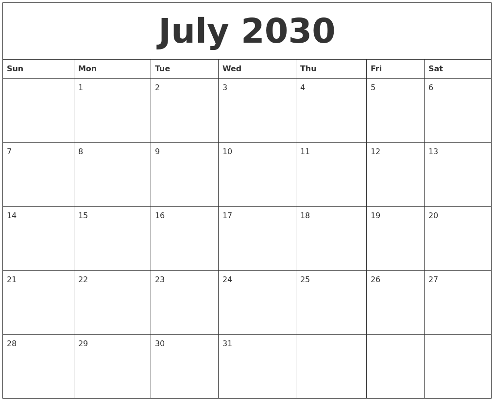 July 2030 Blank Monthly Calendar Pdf