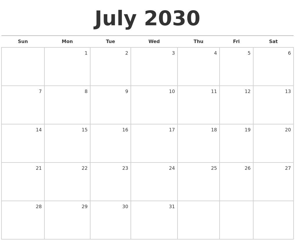 July 2030 Blank Monthly Calendar