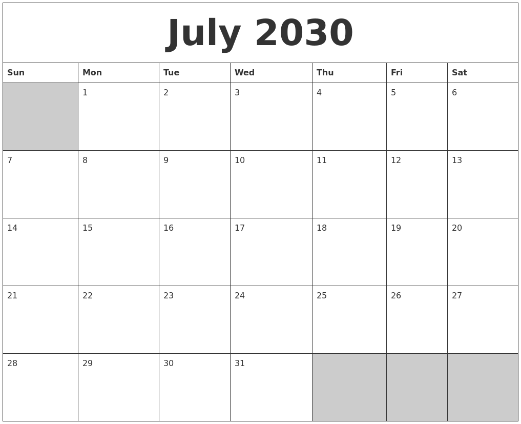 July 2030 Blank Printable Calendar