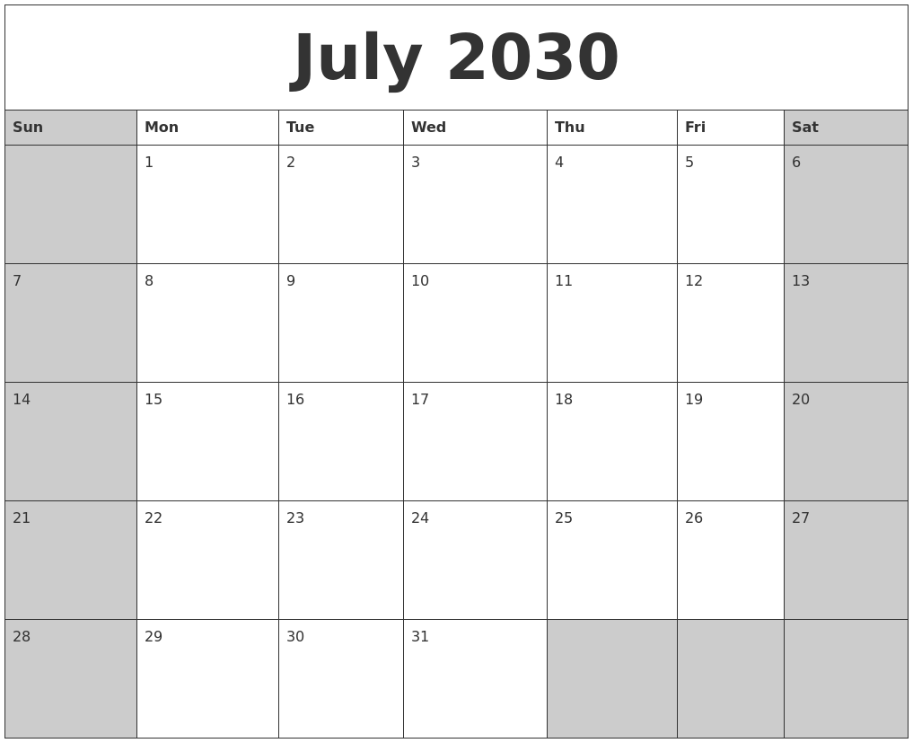 July 2030 Calanders