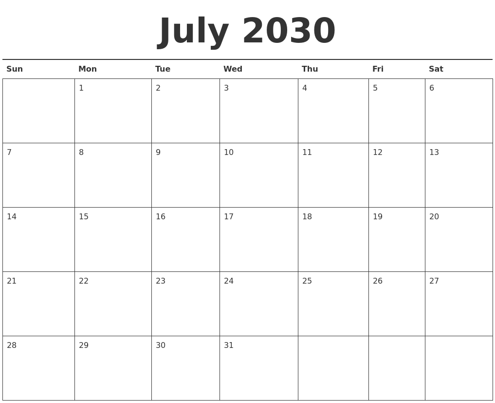 July 2030 Calendar Printable