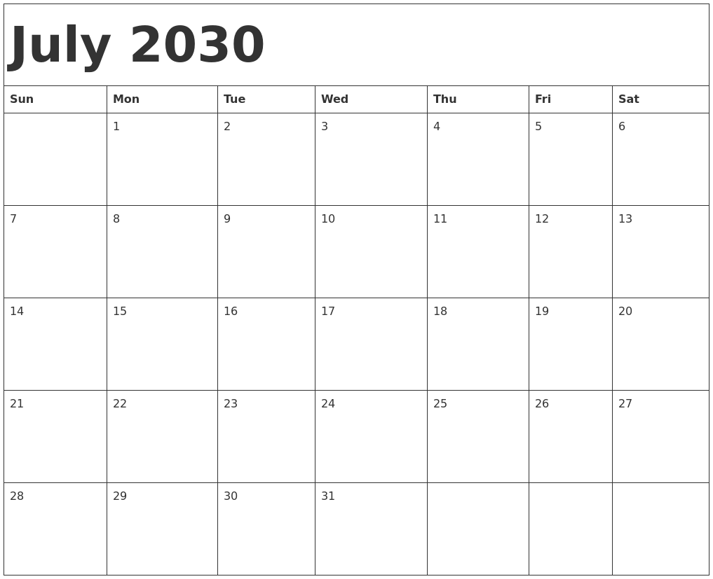 July 2030 Calendar Template