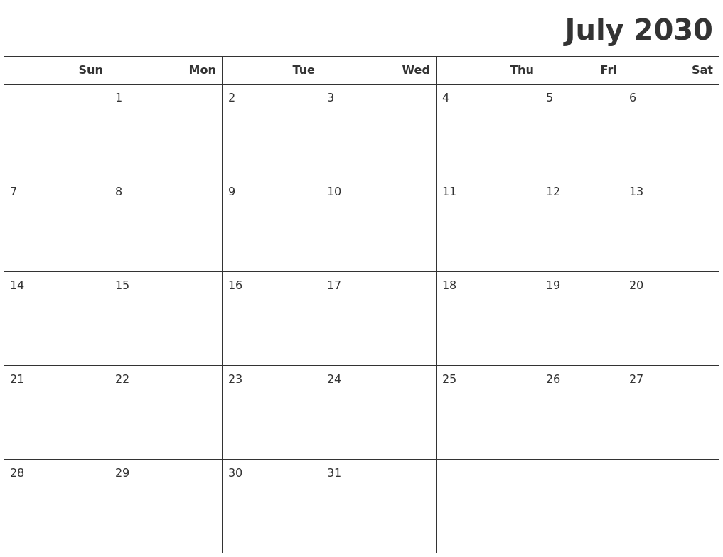 July 2030 Calendars To Print