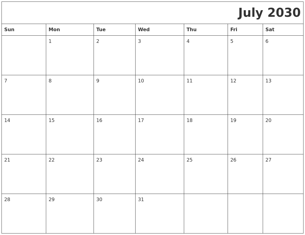 July 2030 Download Calendar