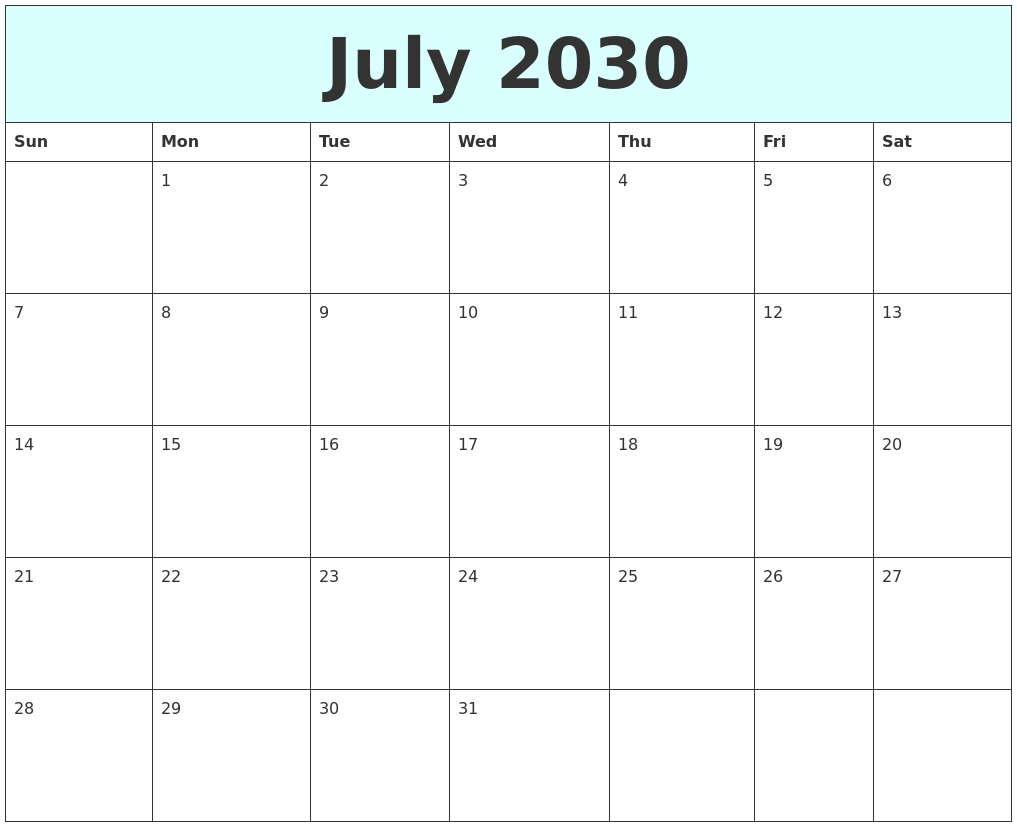 July 2030 Free Calendar